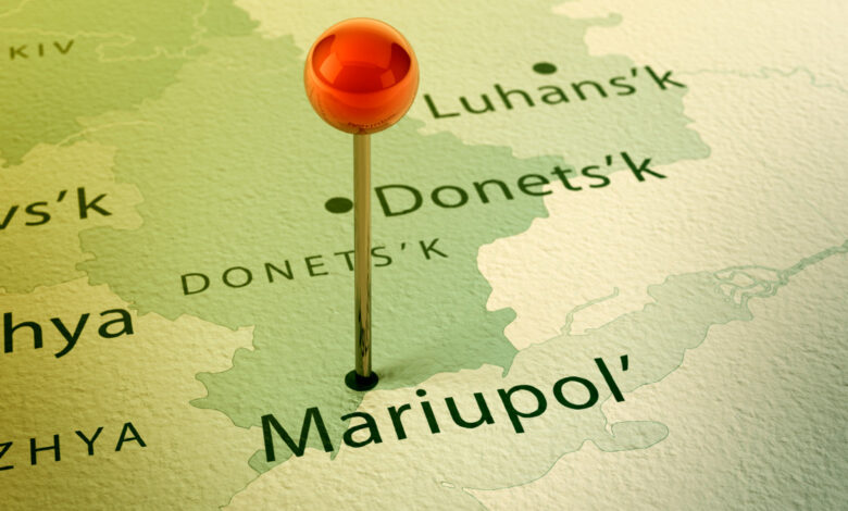 3D Render of a Straight Pin at the Position of the City of Mariupol on a Map of Ukraine. Vintage Color Style. Very high resolution available!